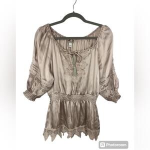 Boston Proper Peasant Boho Top Blouse Lace Fitted Waist Cold Shoulder Tie Front